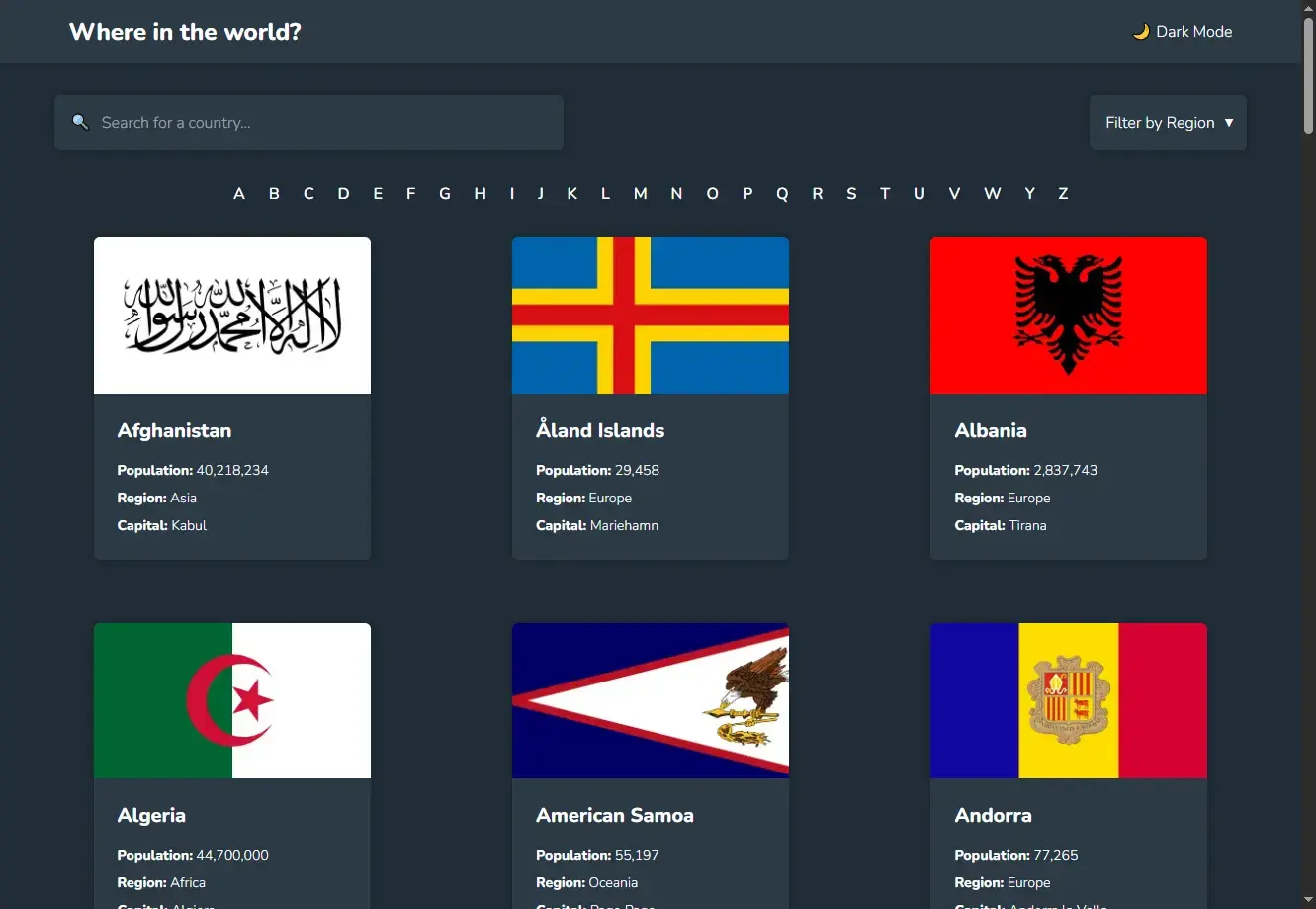 Project image of the REST Countries API with color theme switcher
