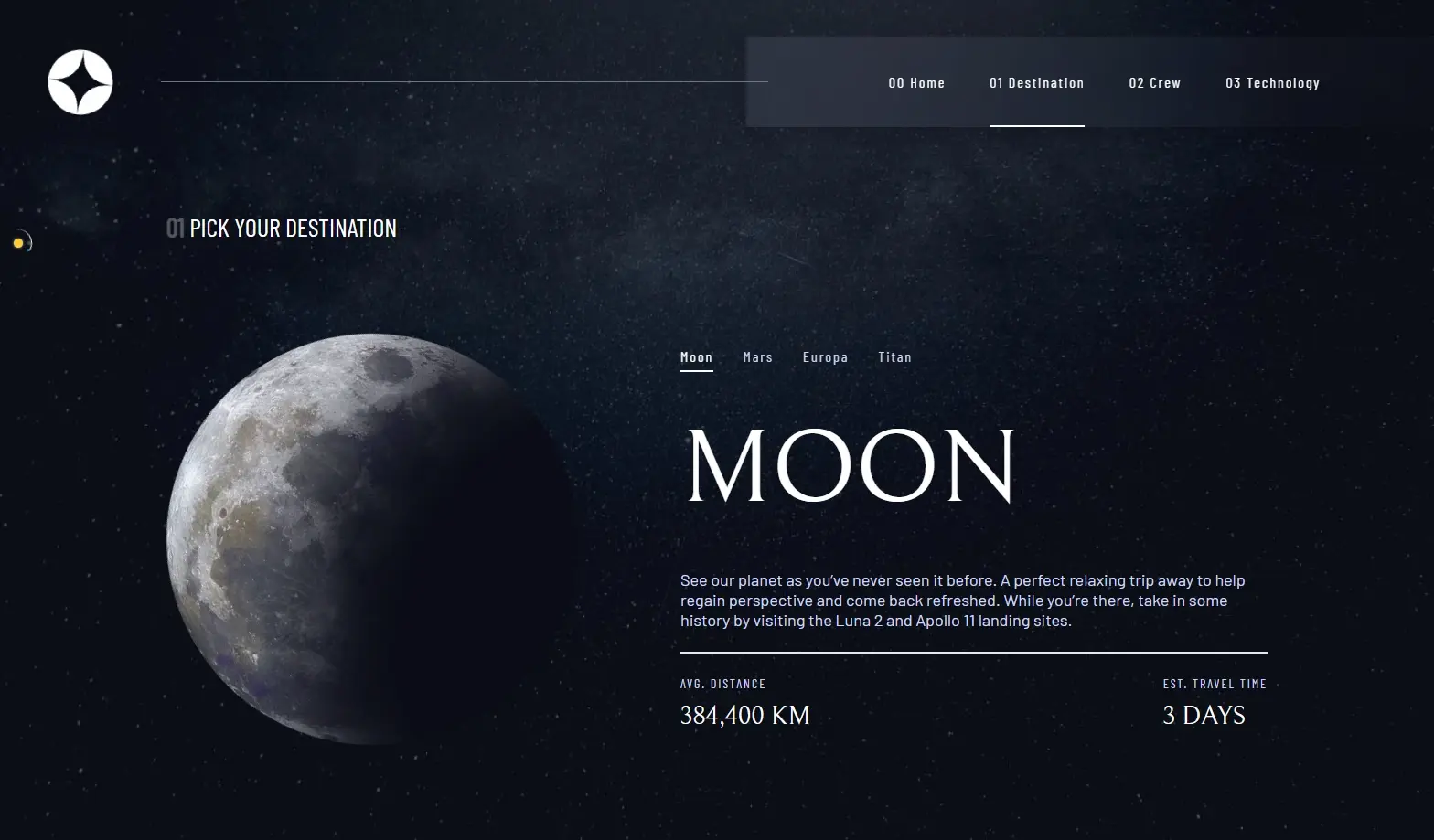 Project image of the multi-page space tourism website